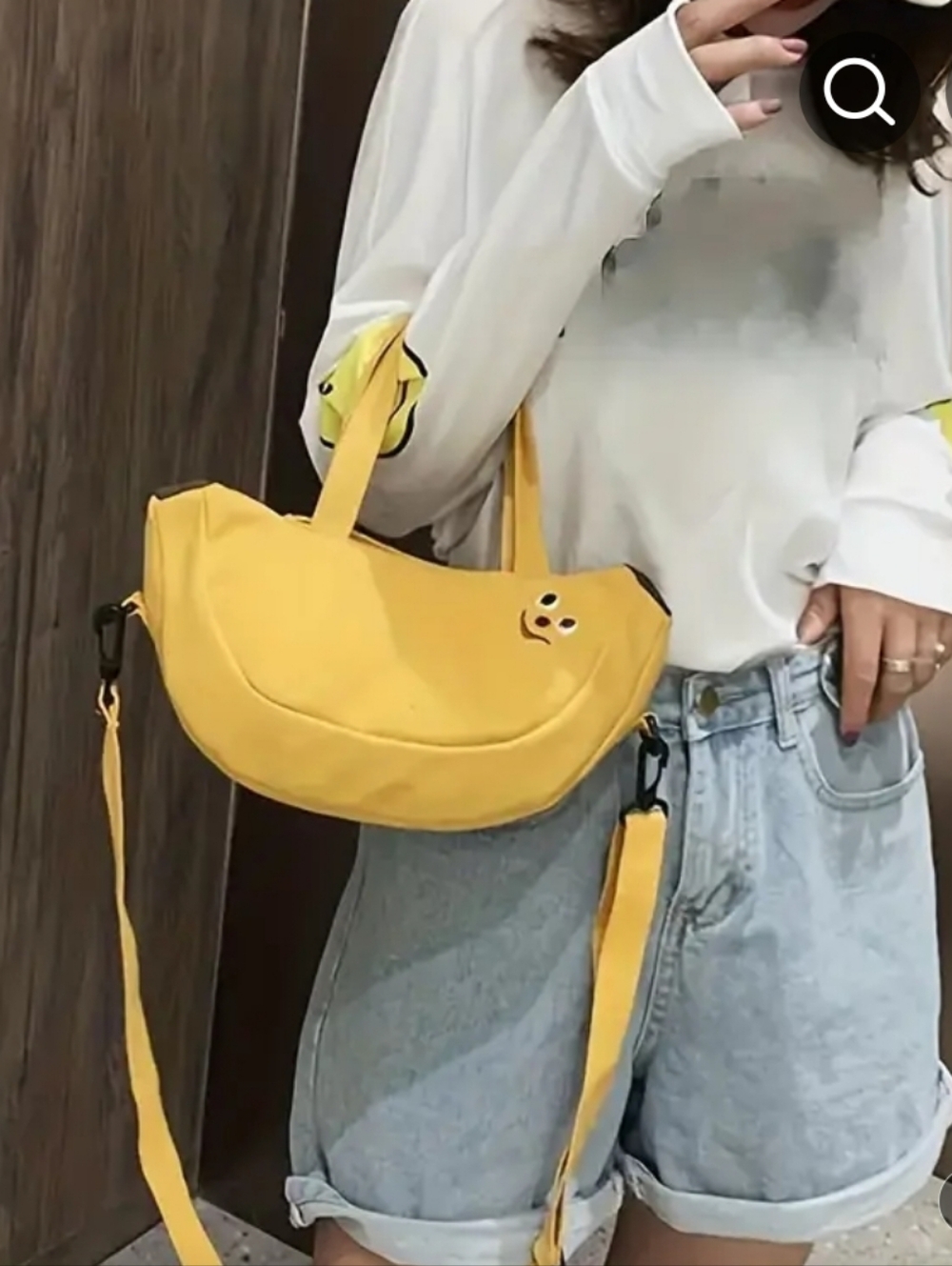 Yellow Banana Crossbody Canvas Crescent Tote Bag with Smiley Accent - Picture 8 of 9